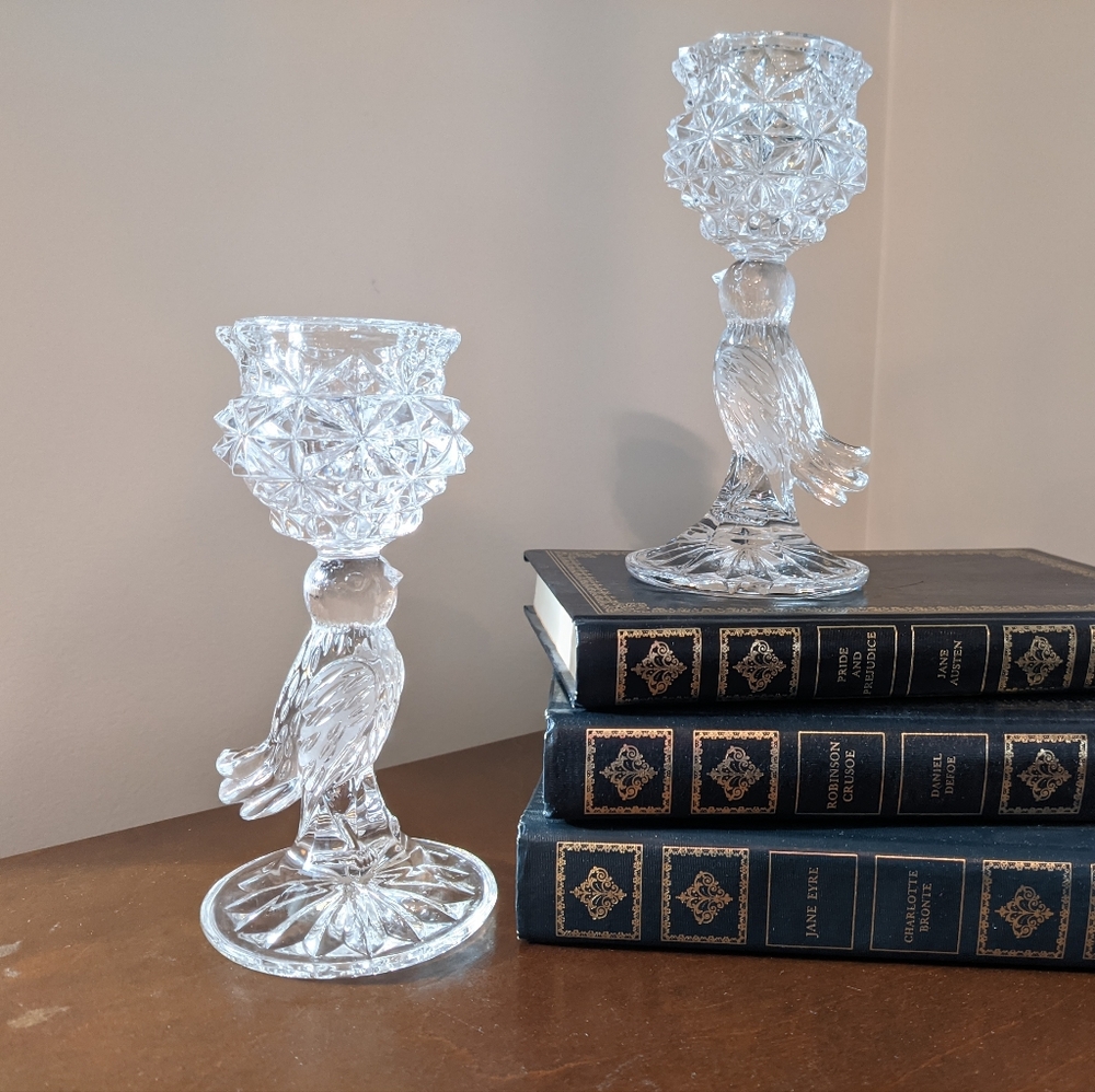 Vtg Hofbauer 1970s Bleikrisfall "Byrdes" Crystal Bird Candle Holder Pair Of 2